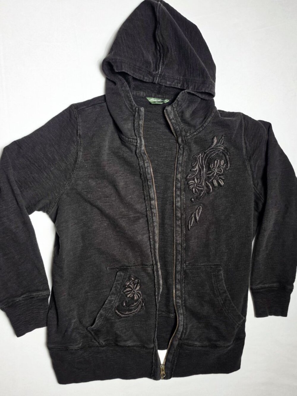 2X Vintage Eddie Bauer Flroal embroidered Zip up Hoodie Black Charcoal Y2K Grung